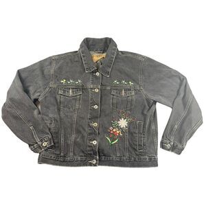 Vintage Womens Route 66 Black Denim Jacket Size Large Embroidered Floral Design